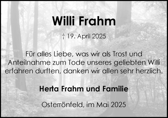 Traueranzeige von Willi Frahm von Schleswig-Holsteinische Landeszeitung
