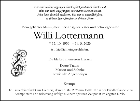 Traueranzeige von Willi Lottermann von Norddeutsche Rundschau, Wilstersche Zeitung, Glückstädter Fortuna