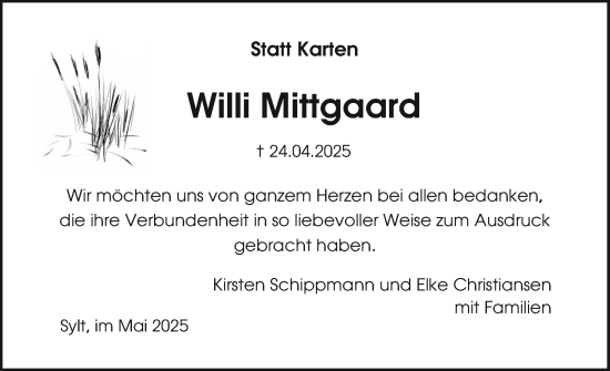 Traueranzeige von Willi Mittgaard von Sylter Rundschau