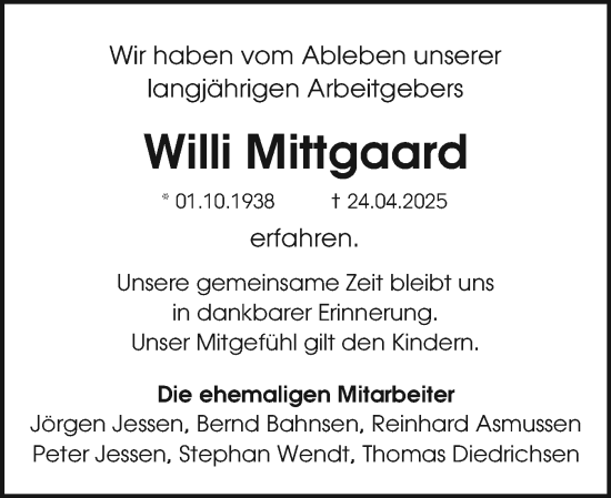Traueranzeige von Willi Mittgaard von Sylter Rundschau