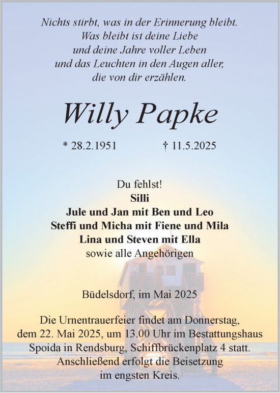 Traueranzeige von Willy Papke von Schleswig-Holsteinische Landeszeitung