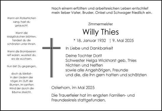 Traueranzeige von Willy Thies von Elmshorner Nachrichten, Barmstedter Zeitung