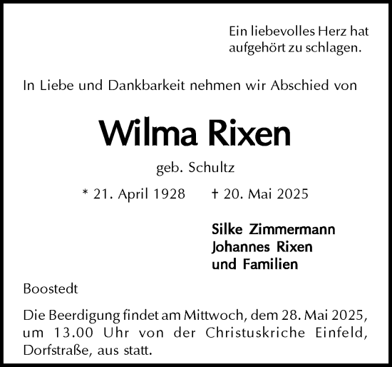 Traueranzeige von Wilma Rixen von Holsteinischer Courier