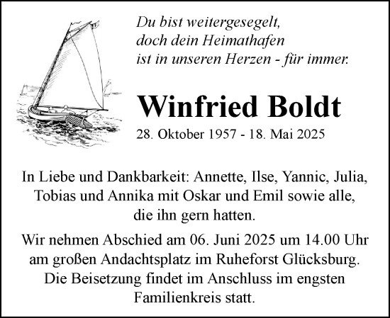Traueranzeige von Winfried Boldt von Flensburger Tageblatt