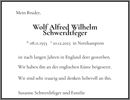 Traueranzeige von Wolf Alfred Wilhelm Schwerdtfeger von Husumer Nachrichten, Nordfriesland Tageblatt
