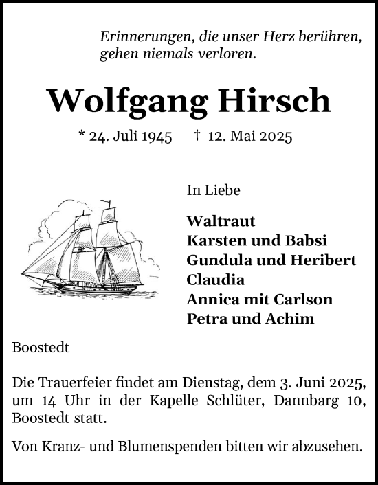 Traueranzeige von Wolfgang Hirsch von Holsteinischer Courier
