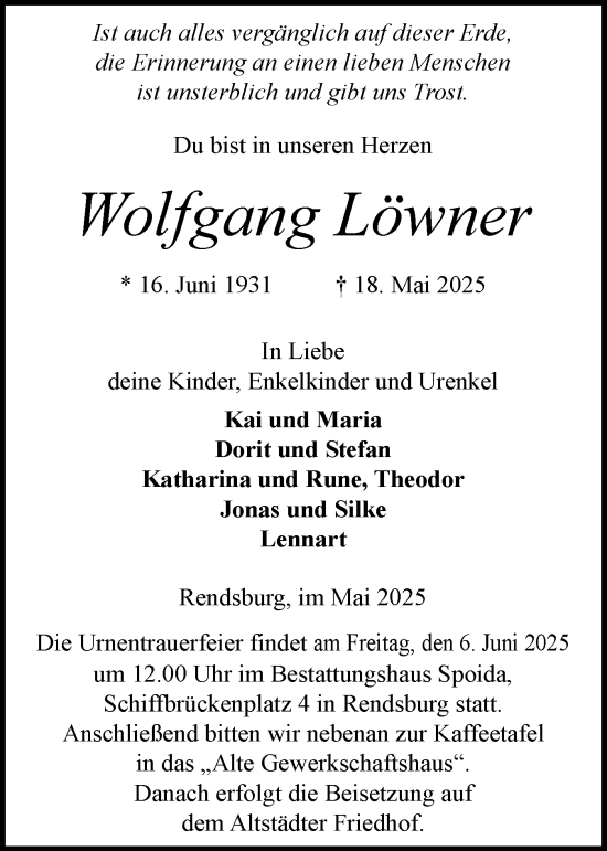 Traueranzeige von Wolfgang Löwner von Schleswig-Holsteinische Landeszeitung