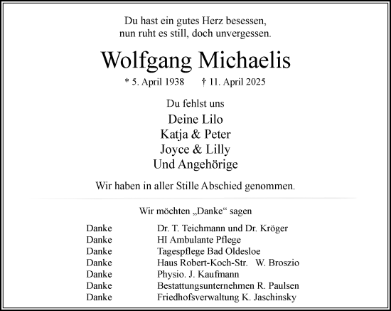 Traueranzeige von Wolfgang Michaelis von MARKT Bad Oldesloe/Reinfeld, MARKT Ahrensburg/Bargteheide/Trittau und Stormarner Tageblatt