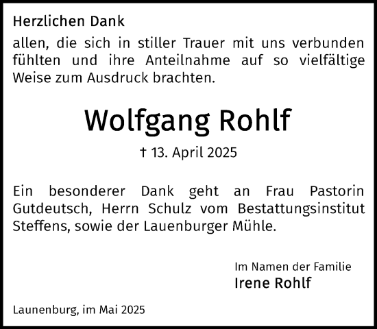 Traueranzeige von Wolfgang Rohlf von Wochenend Anzeiger