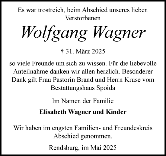 Traueranzeige von Wolfgang Wagner von Schleswig-Holsteinische Landeszeitung