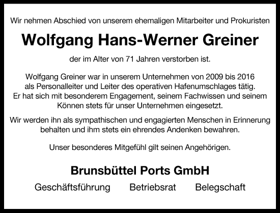 Traueranzeige von Wolfgang Hans-Werner Greiner von Norddeutsche Rundschau, Wilstersche Zeitung, Glückstädter Fortuna