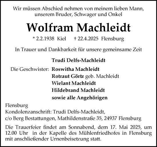 Traueranzeige von Wolfram Machleidt von Flensburger Tageblatt