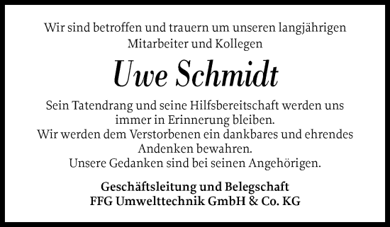 Traueranzeige von Uwe Schmidt von Flensburger Tageblatt
