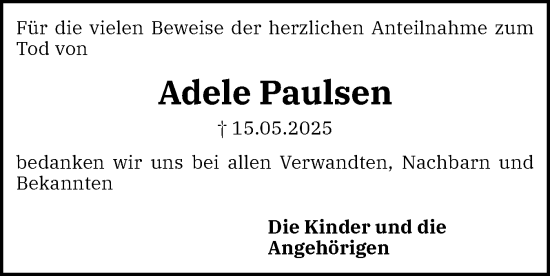 Traueranzeige von Adele Paulsen von Holsteinischer Courier
