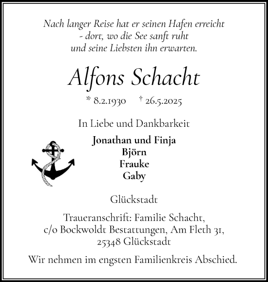 Traueranzeige von Alfons Schacht von Norddeutsche Rundschau, Wilstersche Zeitung, Glückstädter Fortuna