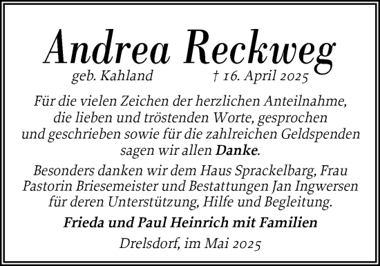 Traueranzeige von Andrea Reckweg von Husumer Nachrichten, Nordfriesland Tageblatt