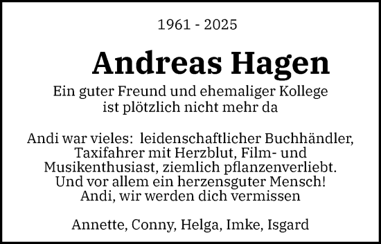 Traueranzeige von Andreas Hagen von Region Pinneberg und tip Pinneberg