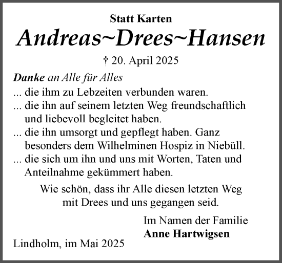 Traueranzeige von Andreas  Hansen von Husumer Nachrichten, Nordfriesland Tageblatt