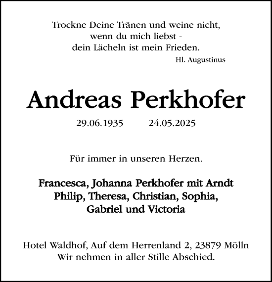 Traueranzeige von Andreas Perkhofer von MARKT Ratzeburg/Mölln