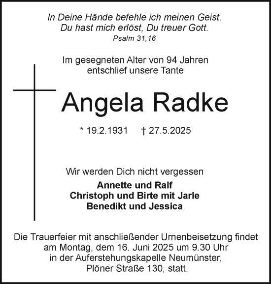 Traueranzeige von Angela Radke von Holsteinischer Courier