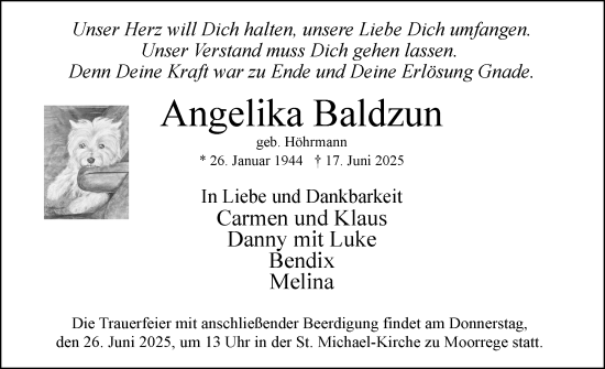 Traueranzeige von Angelika Baldzun von Uetersener Nachrichten, Der tip am Wochenende