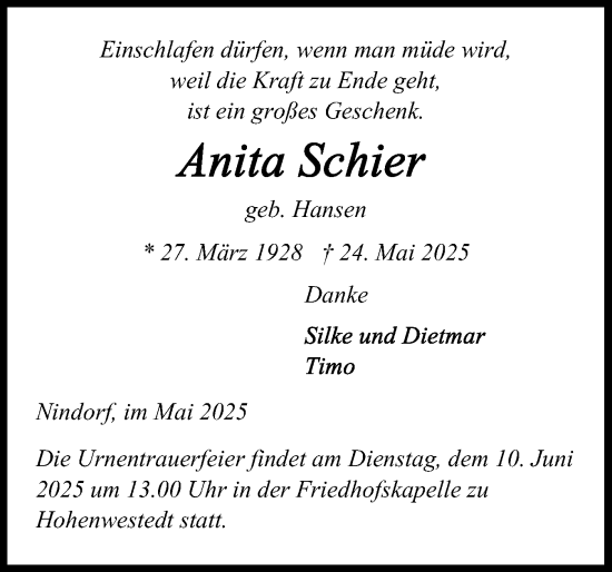 Traueranzeige von Anita Schier von Schleswig-Holsteinische Landeszeitung