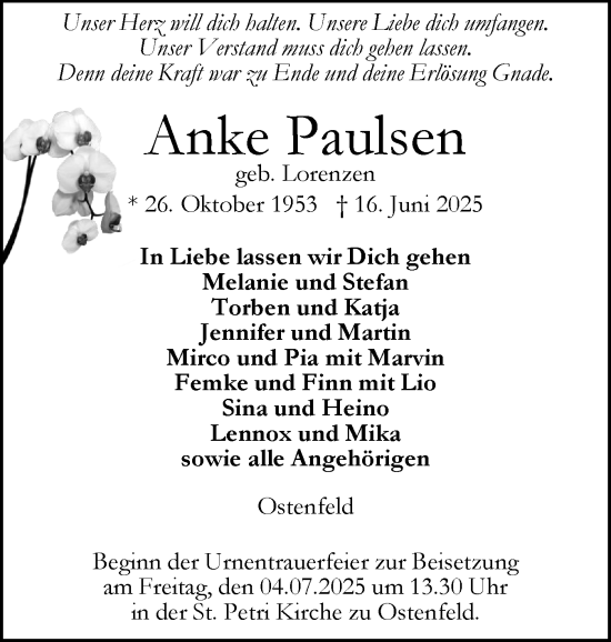 Traueranzeige von Anke Paulsen von Husumer Nachrichten, Nordfriesland Tageblatt