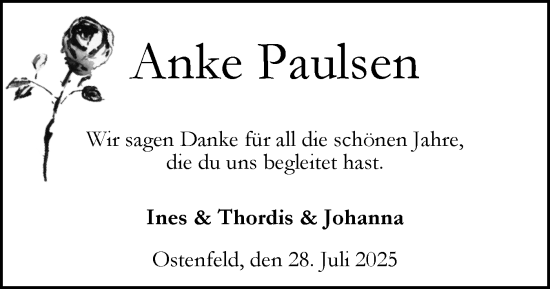 Traueranzeige von Anke Paulsen von Husumer Nachrichten, Nordfriesland Tageblatt
