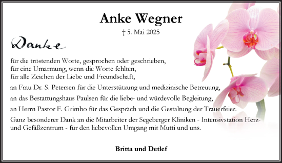 Traueranzeige von Anke Wegner von MARKT Bad Oldesloe/Reinfeld und Stormarner Tageblatt