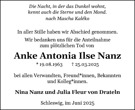 Traueranzeige von Anke Antonia Ilse Nanz von Schleswiger Nachrichten, Schlei-Bote