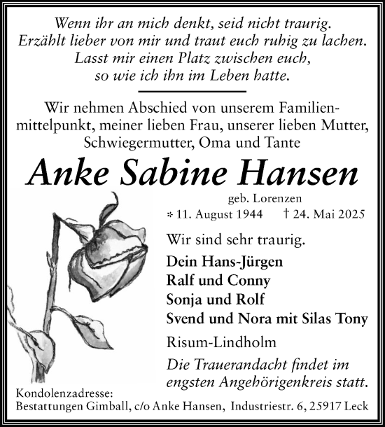 Traueranzeige von Anke Sabine Hansen von Region Flensburg