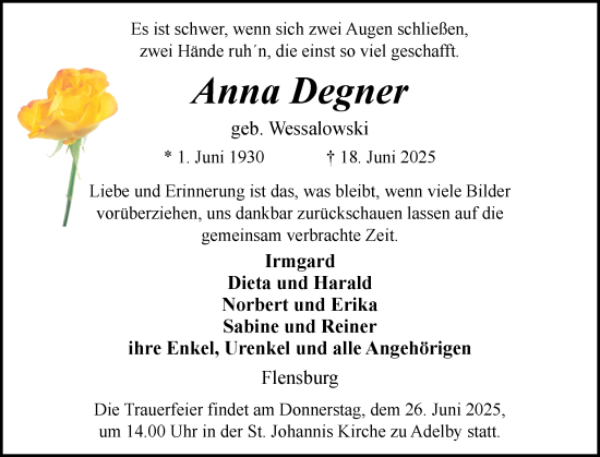 Traueranzeige von Anna Degner von Flensburger Tageblatt
