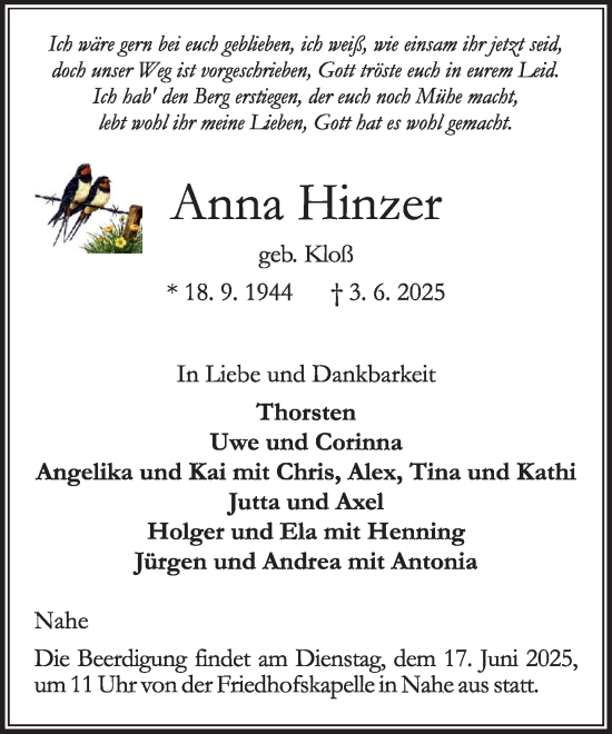 Traueranzeige von Anna Hinzer von MARKT Ahrensburg/Bargteheide/Trittau und Stormarner Tageblatt