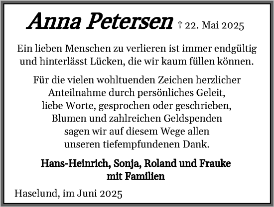 Traueranzeige von Anna Petersen von Husumer Nachrichten, Nordfriesland Tageblatt