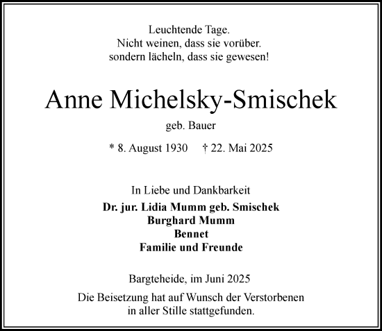 Traueranzeige von Anne Michelsky-Smischek von MARKT Ahrensburg/Bargteheide/Trittau und Stormarner Tageblatt