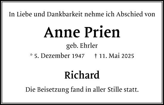 Traueranzeige von Anne Prien von Holsteinischer Courier