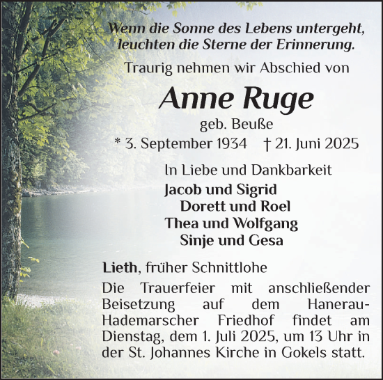Traueranzeige von Anne Ruge von Schleswig-Holsteinische Landeszeitung