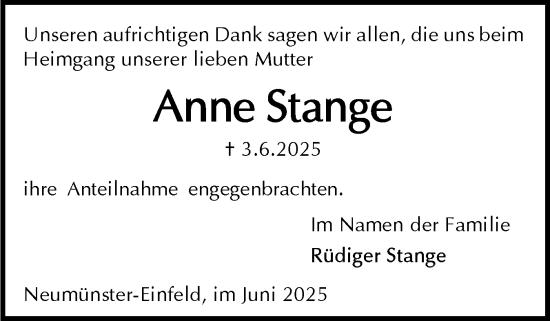 Traueranzeige von Anne Stange von Holsteinischer Courier