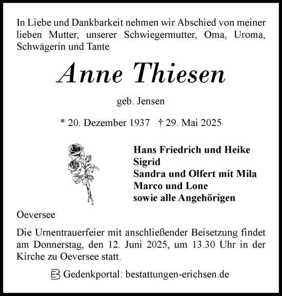 Traueranzeige von Anne Thiesen von Flensburger Tageblatt