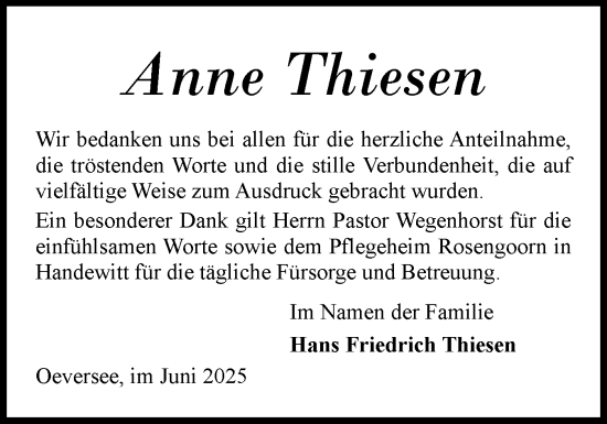 Traueranzeige von Anne Thiesen von Flensburger Tageblatt