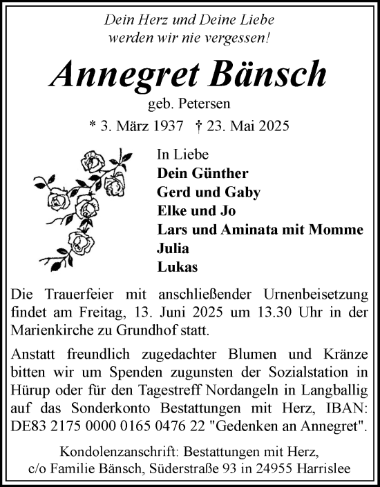 Traueranzeige von Annegret Bänsch von Flensburger Tageblatt