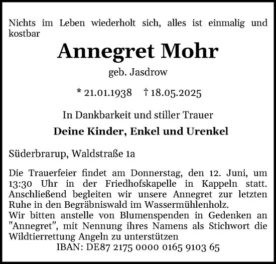 Traueranzeige von Annegret Mohr von Schleswiger Nachrichten, Schlei-Bote