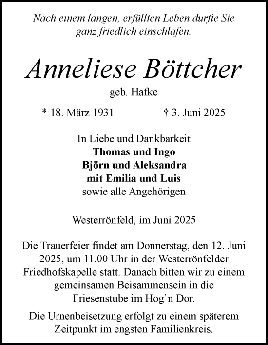 Traueranzeige von Anneliese Böttcher von Schleswig-Holsteinische Landeszeitung