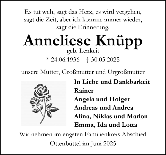 Traueranzeige von Anneliese Knüpp von Norddeutsche Rundschau, Wilstersche Zeitung, Glückstädter Fortuna