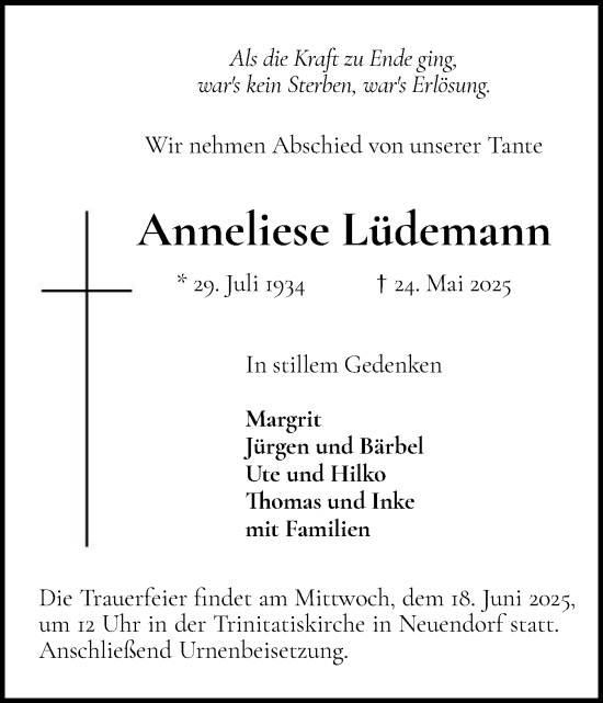 Traueranzeige von Anneliese Lüdemann von Elmshorner Nachrichten, Barmstedter Zeitung