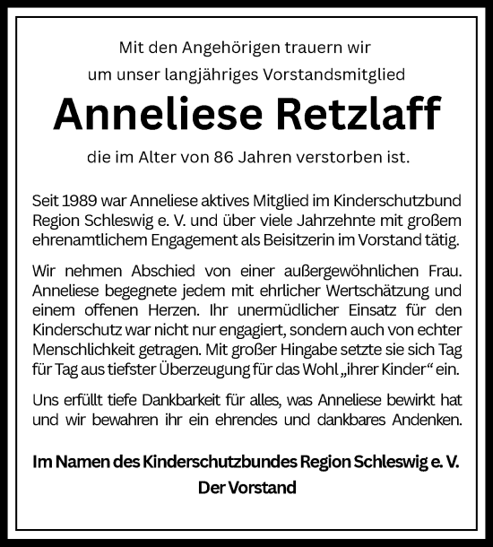 Traueranzeige von Anneliese Retzlaff von Schleswiger Nachrichten, Schlei-Bote