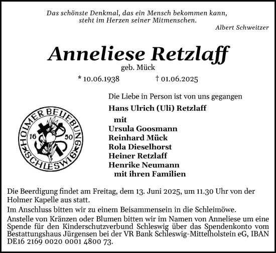 Traueranzeige von Anneliese Retzlaff von Schleswiger Nachrichten, Schlei-Bote