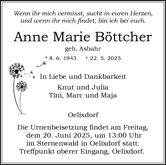 Traueranzeige von Anne Marie Böttcher von Norddeutsche Rundschau, Wilstersche Zeitung, Glückstädter Fortuna