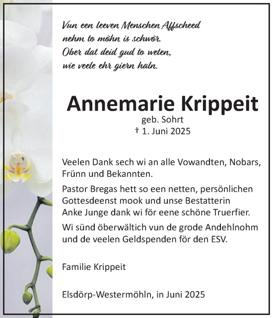 Traueranzeige von Annemarie Krippeit von Schleswig-Holsteinische Landeszeitung