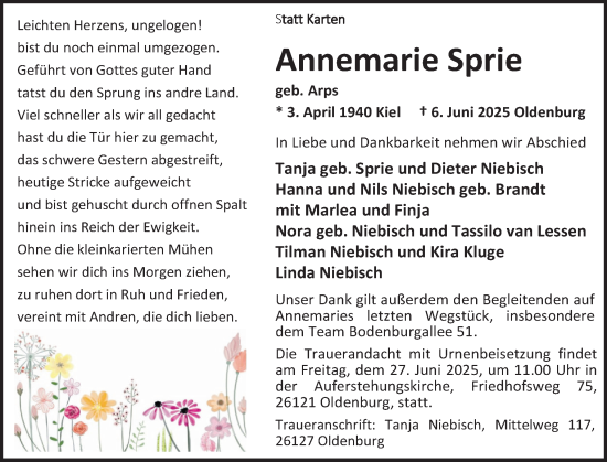 Traueranzeige von Annemarie Sprie von Holsteinischer Courier